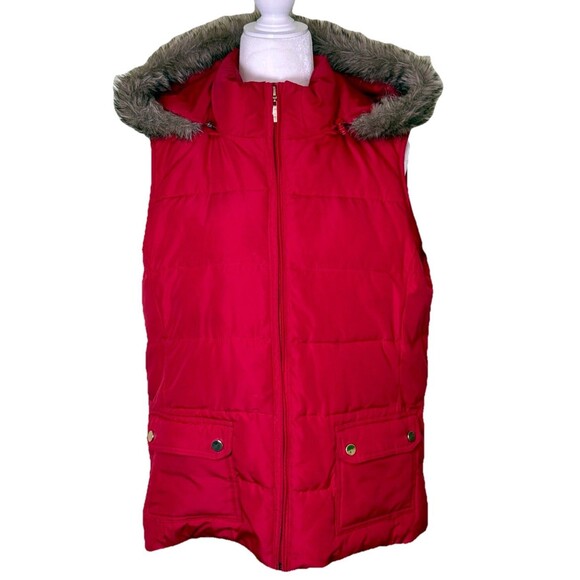 Charter Club Jackets & Blazers - Women’s Red Puffer Vest Faux Fur Hood Winter Outdoor Holiday Cozy Cabin Sz Lg